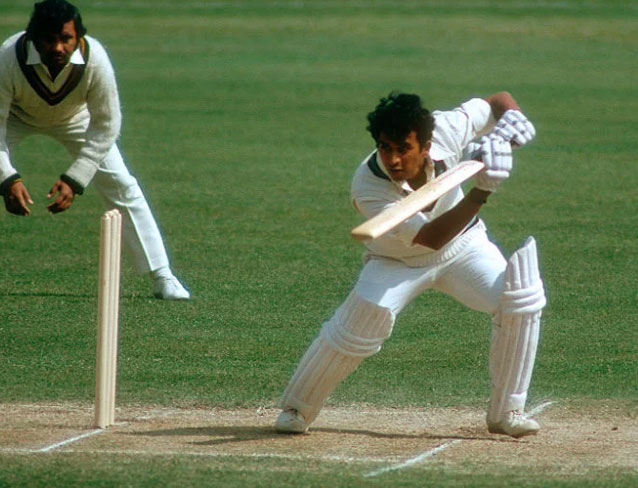 Sunil Gavaskar batting against fast bowling in a Test match for India