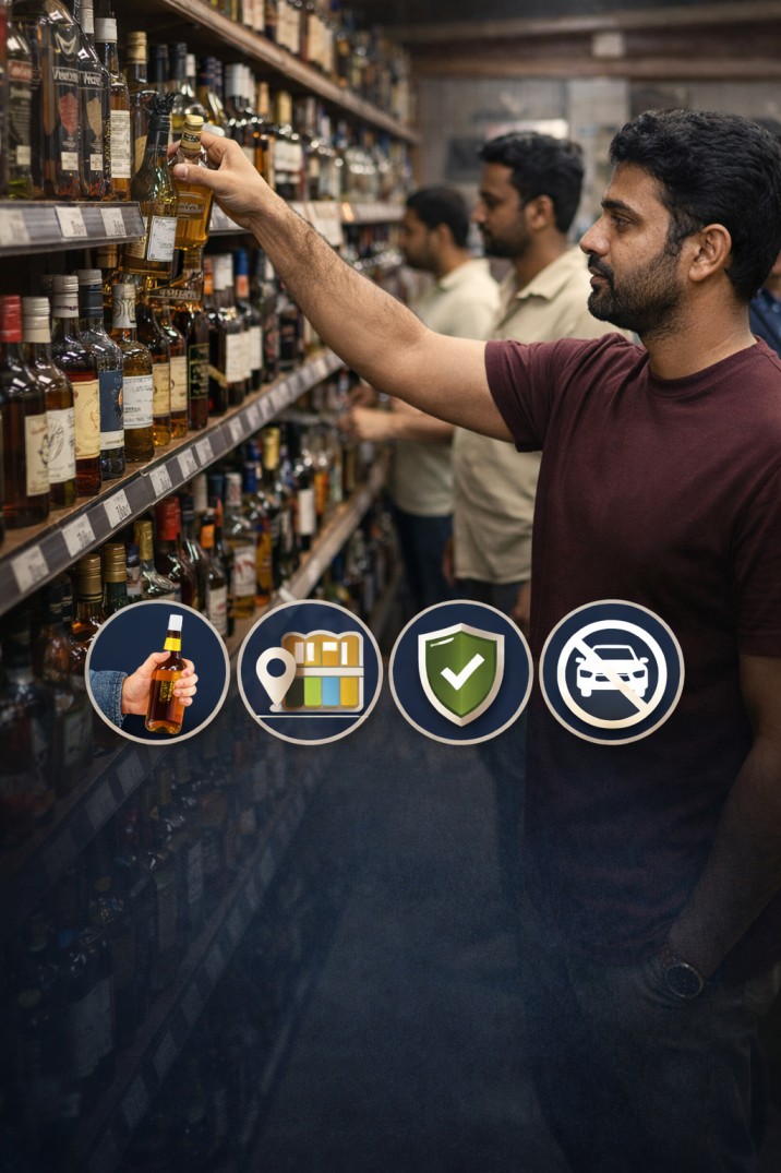 image of common people in Kerala selecting alcohol bottles inside a clean, well-organised liquor store, showing normal, regulated purchase by adult consumers in a modern retail environment.