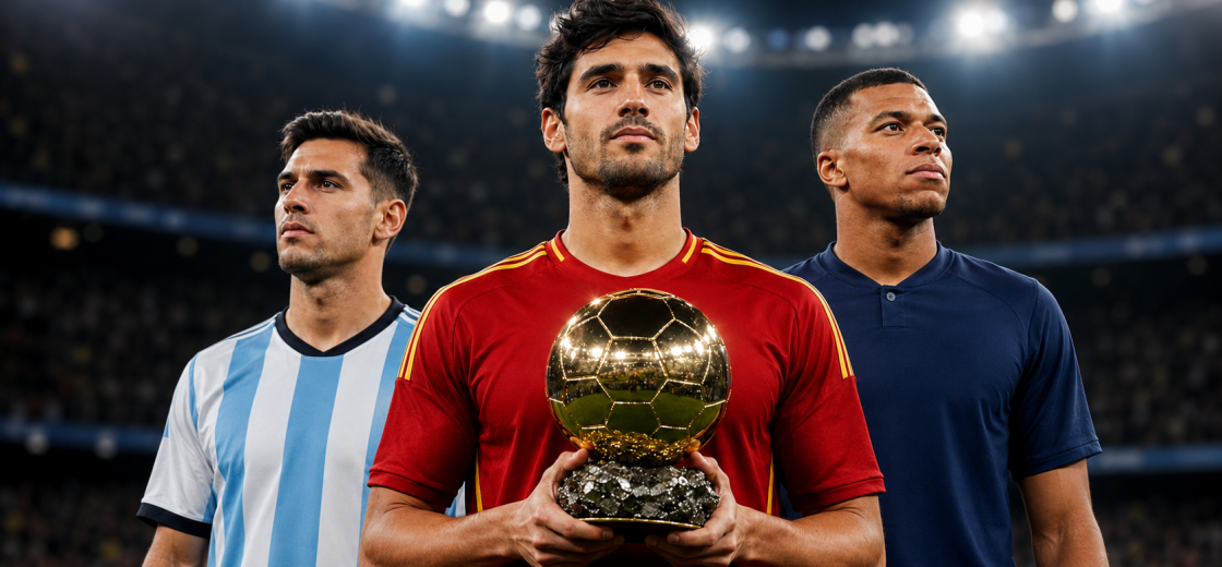Spanish midfielder holding the Golden Ball alongside Argentine and French football stars.