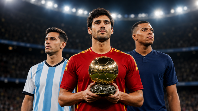 Spanish midfielder holding the Golden Ball alongside Argentine and French football stars.