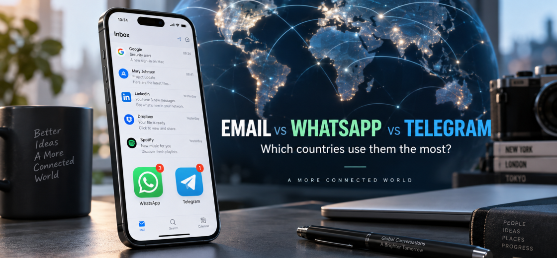 Email, WhatsApp and Telegram usage by country with a smartphone and global communication map.