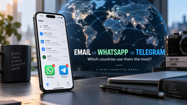 Email, WhatsApp and Telegram usage by country with a smartphone and global communication map.