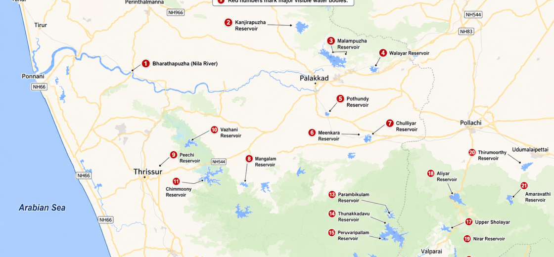 Map showing major dams, reservoirs, rivers and water bodies around Palakkad, Thrissur, Pollachi, Valparai and the Western Ghats