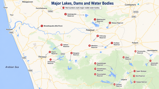 Map showing major dams, reservoirs, rivers and water bodies around Palakkad, Thrissur, Pollachi, Valparai and the Western Ghats
