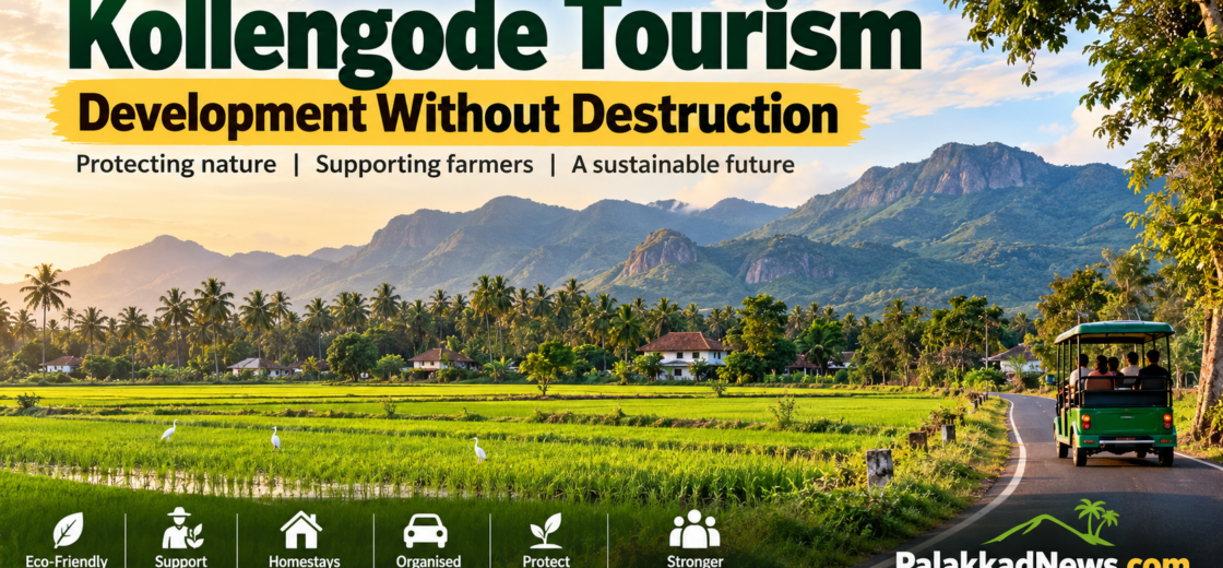 Scenic paddy fields and Western Ghats in Kollengode, Palakkad, highlighting the need for sustainable rural tourism development.