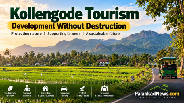 Scenic paddy fields and Western Ghats in Kollengode, Palakkad, highlighting the need for sustainable rural tourism development.